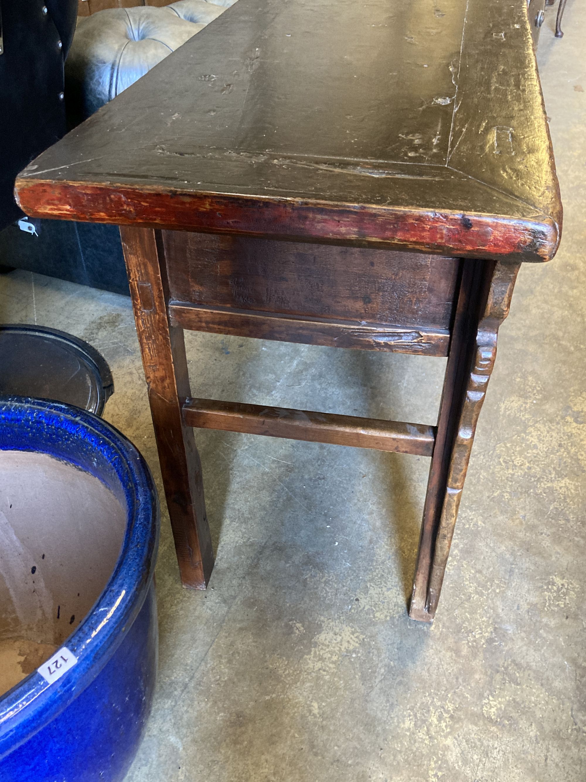 A Chinese painted three drawer altar table, length 172cm, width 52cm, height 84cm, early 20th century from Northern China